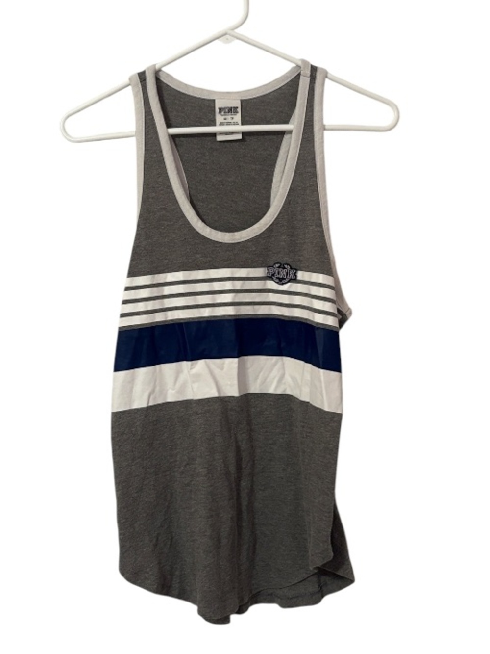 PINK Gray, Blue & White Stripe Logo Tank Top